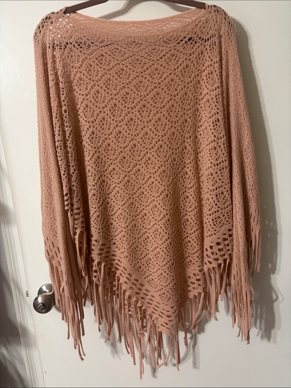 Blush Open-Knit Fringe Poncho